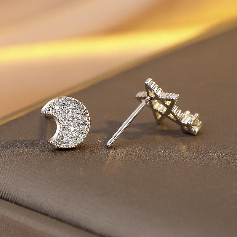 Star Moon Earrings Women'S 2026 Simple Fashion Zircon Asymmetrical Star Moon Earrings Earrings