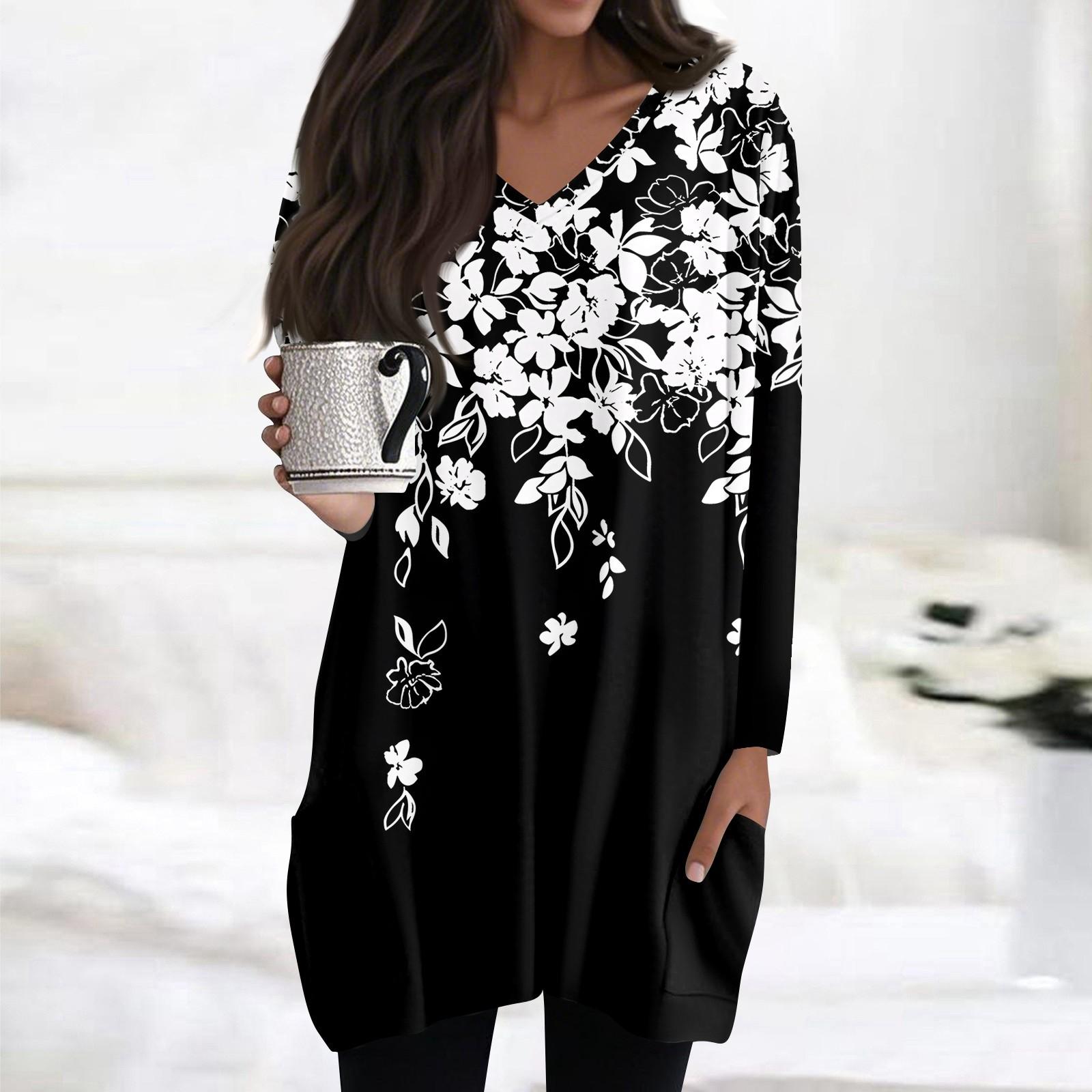 

Womens Tops V-neck Long Sleeve Blouses Casual Mid-length Shirts Fashion Print Tunic Tops With Pockets S