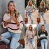 Autumn and winter women's fashion striped color blocking knit sweater long sleeve zipper lapel sweater