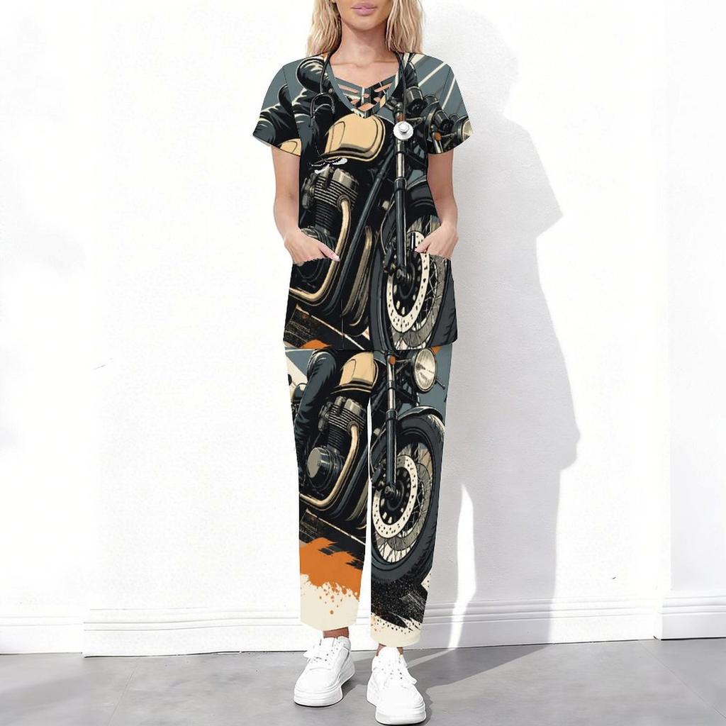 Women Plus Size Cartoon Excavator Printed Scrub Set Cutout Neck Short Sleeve Pocket Top Long Pants Two Piece