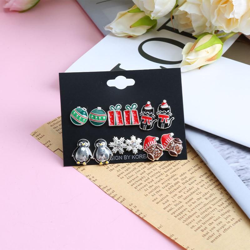 Christmas stud earrings combination new cartoon holiday alloy dripping elk old man bell earrings set