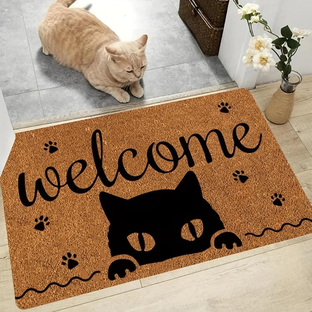 VIKAMA Cat Welcome Mat, Funny Hi Bye Print Doormat, Non-Slip Floor Rug for Indoor Outdoor Front Door Kitchen Bedroom Decor