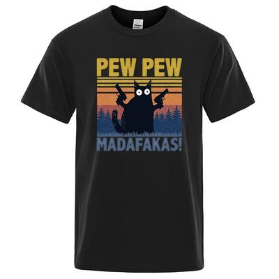 Pew Pew Madafakas T-Shirt für Herren, kurzärmelig, lustiges Katzen-T-Shirt aus Baumwolle, Übergröße, Tops, Shirts, T-Shirt, Rundhalsausschnitt, Streetwear