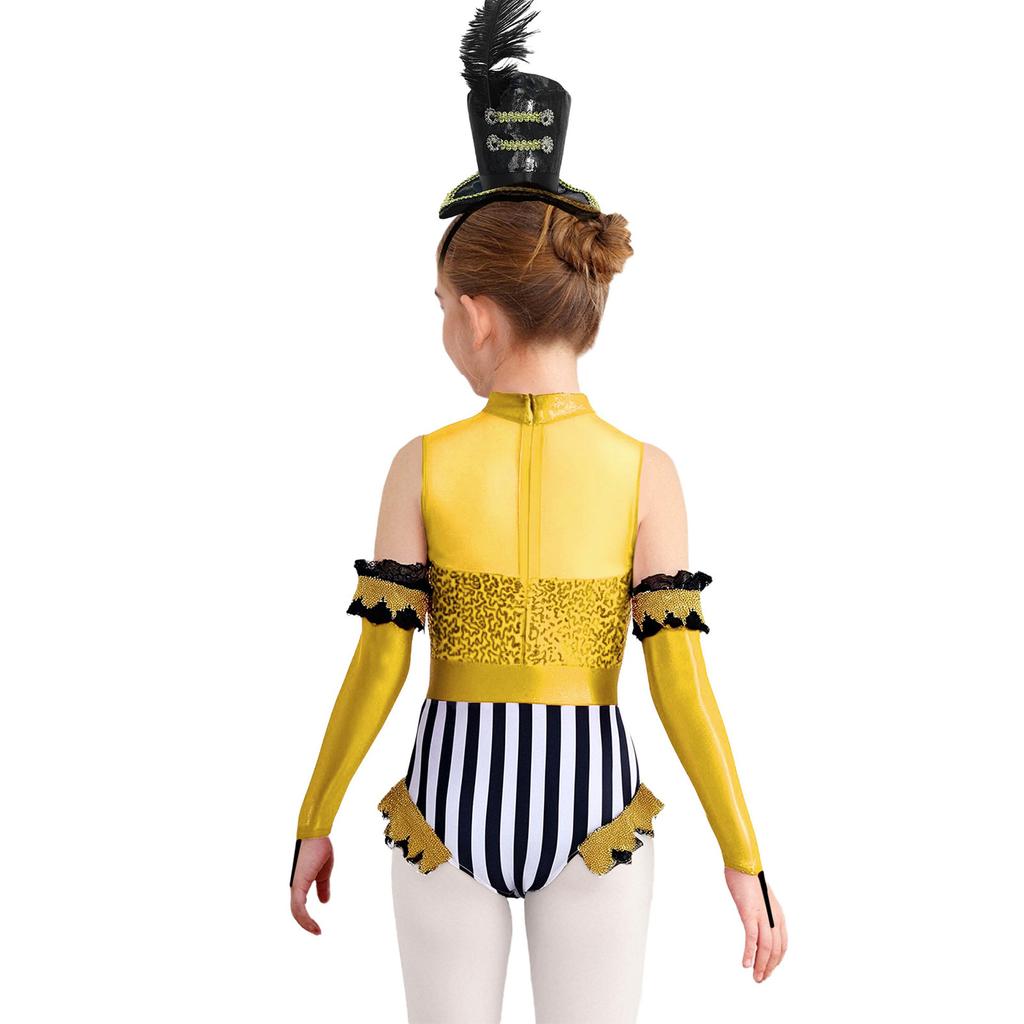 Girls Circus Costume Set Sequins Mock Neck Sleeveless Jumpsuit Press Buttons Metallic Oversleeve Top Hat