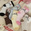 Ladies Autumn Winter Thick Polka Dot Bowtie Bear Cloth Logo Non Shedding Coral Feather Mid Tube Socks