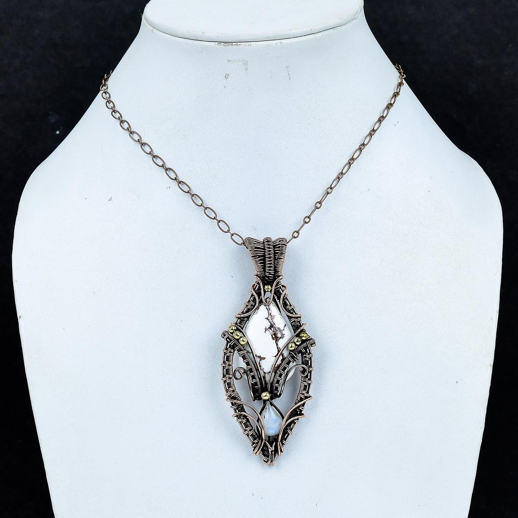 Wild Horse Jasper &  Moonstone Pendant, 999 Copper Wire Wrapped Gemstone Jewelry, Handmade Tree Of Life Pendant, For Thanksgiving