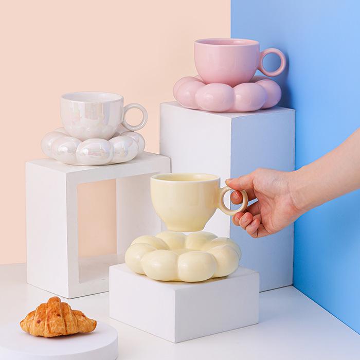 Tazas y Platillos de Cerámica de Estilo Nórdico Inspirados en Macarons - Diseño Lindo y Creativo de Girasol
