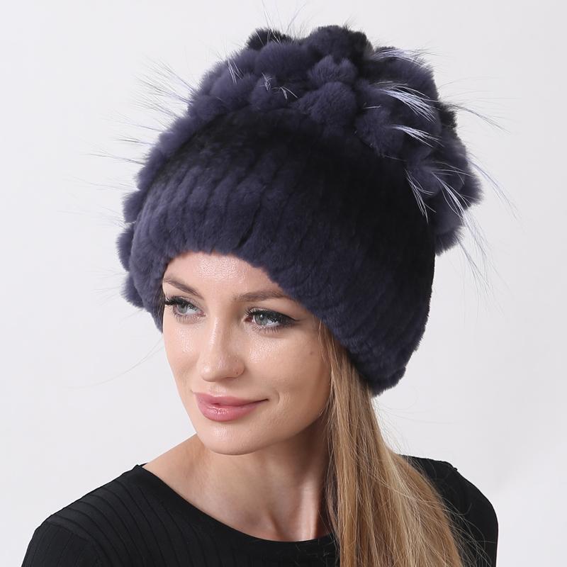 Women's Winter Rabbit Fur Hat 100% Rex Fur Beanie with Floral Patchwork, Warm Knitted Fluffy Trapper Cap