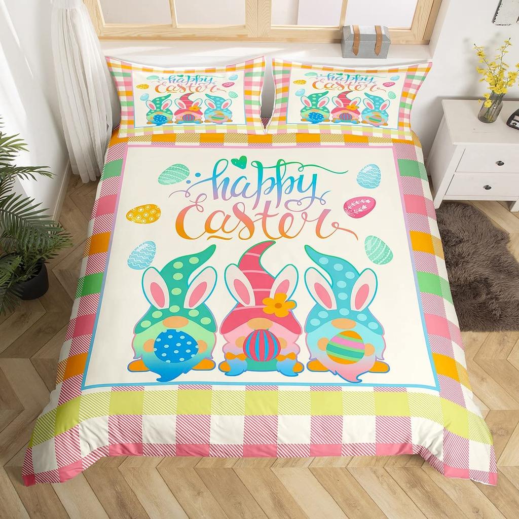 Pink Cherry Blossom Duvet Cover Happy Easter Theme Rabbit Ear Easter Eggs Bedding Set Polyester Butterfly Flower Comforter Cover