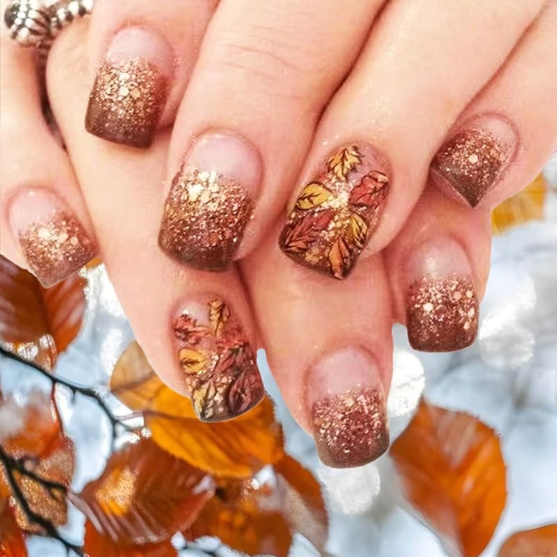 Maple Leaf Press on Nails Fall Leaves Stick on Fingernails Thanksgiving Short Square False Nails 24Pcs Glossy Silver Glitter Acrylic Fake Nail Autumn