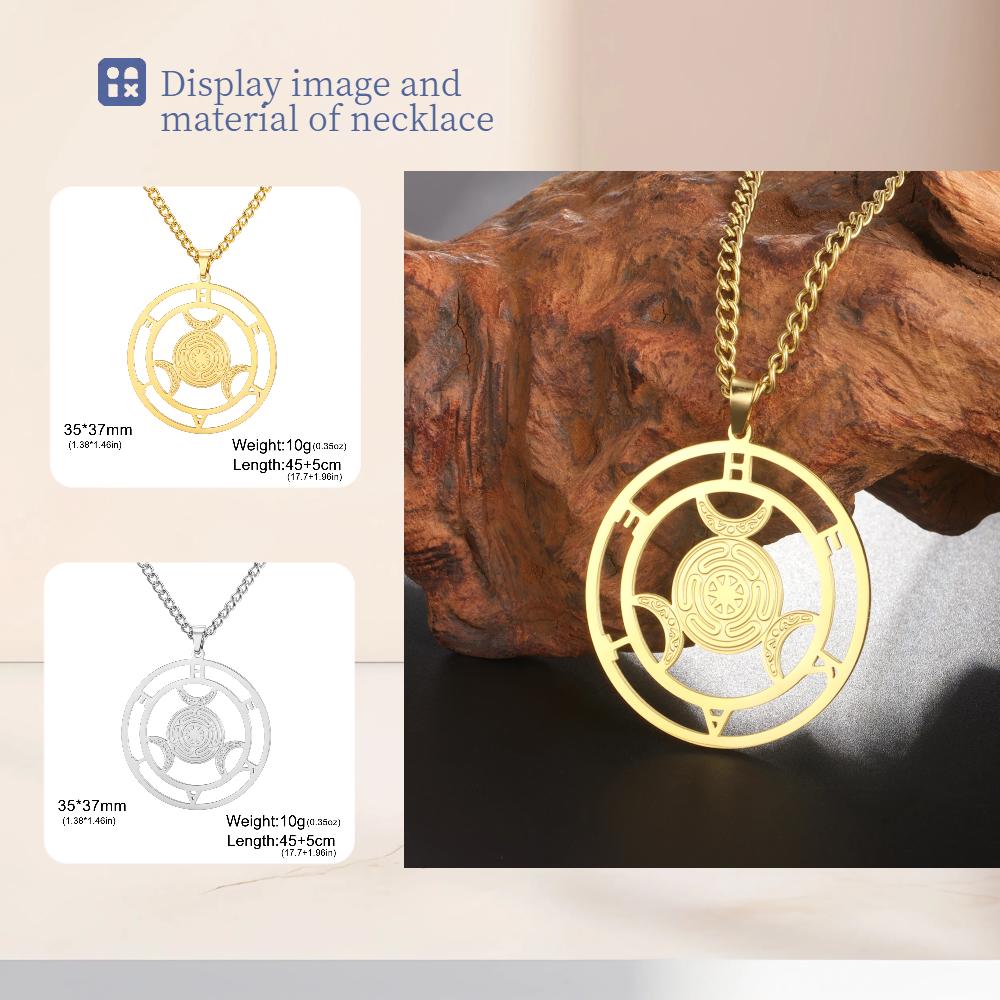 Dreamtime Wheel of Hecate Symbol Triple Moon Goddess Pendant Necklace for Women Men Stainless Steel Pagan Goddess Wiccan Jewelry
