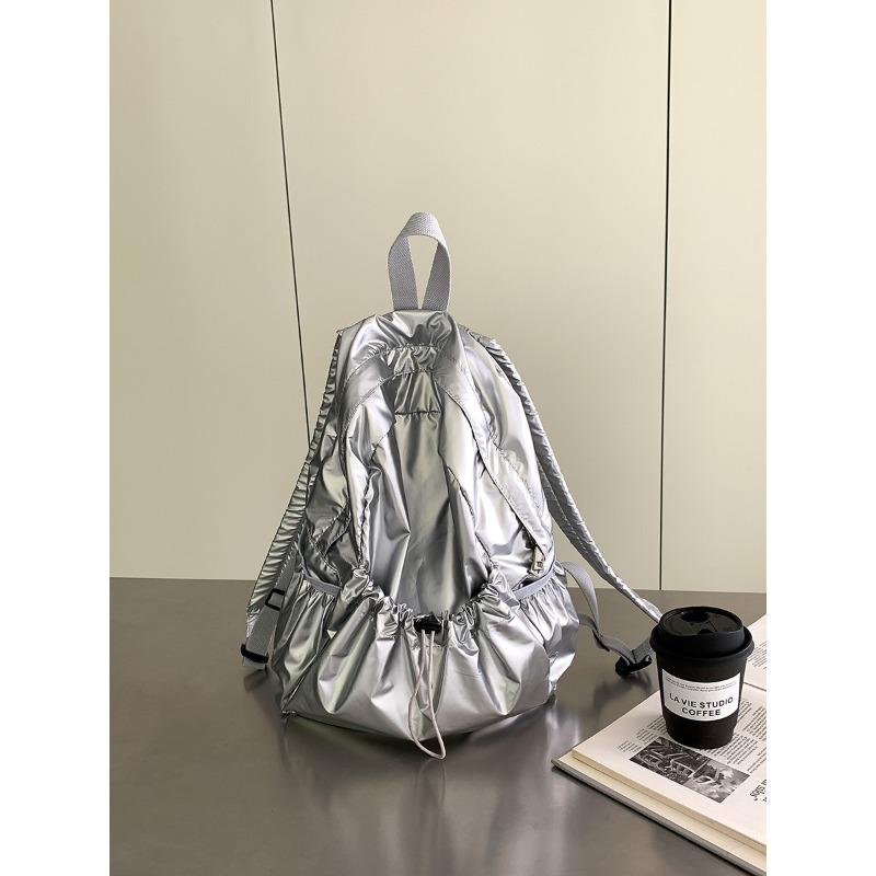New drawstring pleated silver backpack women's wind light girls casual large capacity backpack women