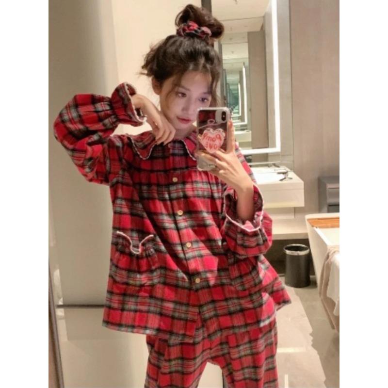 Plaid Pajama Sets Women Loose Cute Spring Korean Style Panelled Pockets Homewear Daily All-match Youthful Vitality Leisure