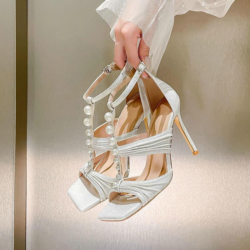 Fashion 2025 Spring And Summer Open-Toe Fish Mouth High Heels Women'S One-Word Buckle Pearl Chain Sandals Niche High-Grade Single Shoes