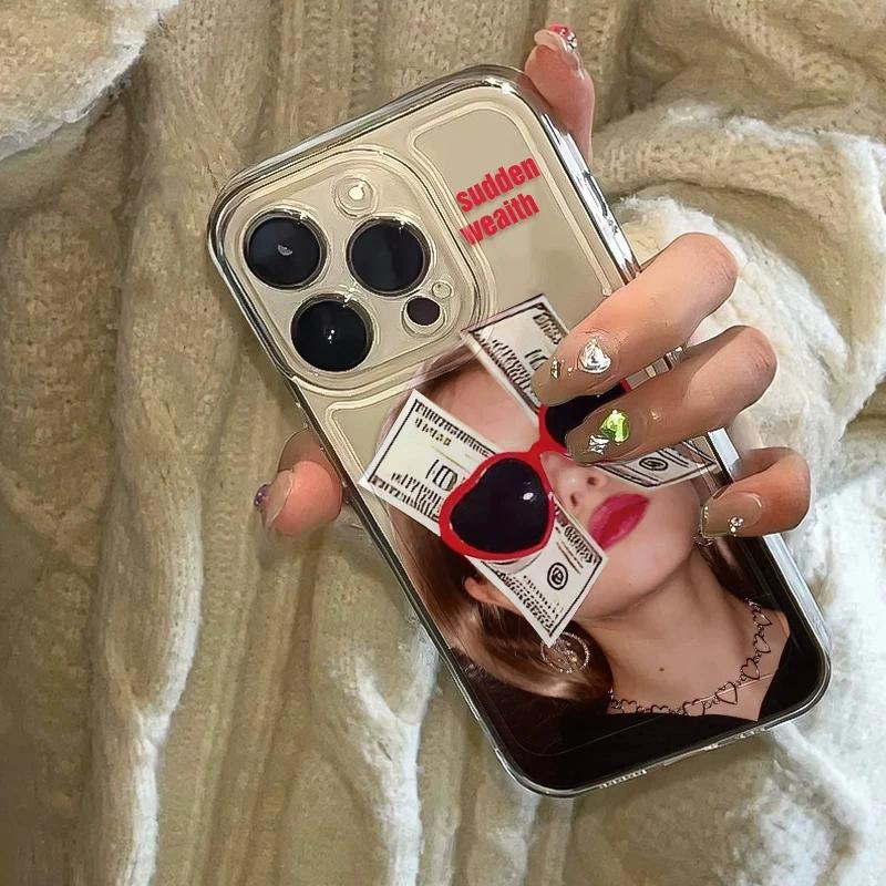 Y2K Aesthetic Sudden Wealth Money Girl Clear Phone Case, Cool Retro Baddie Shockproof Soft Protective Cover for iPhone
