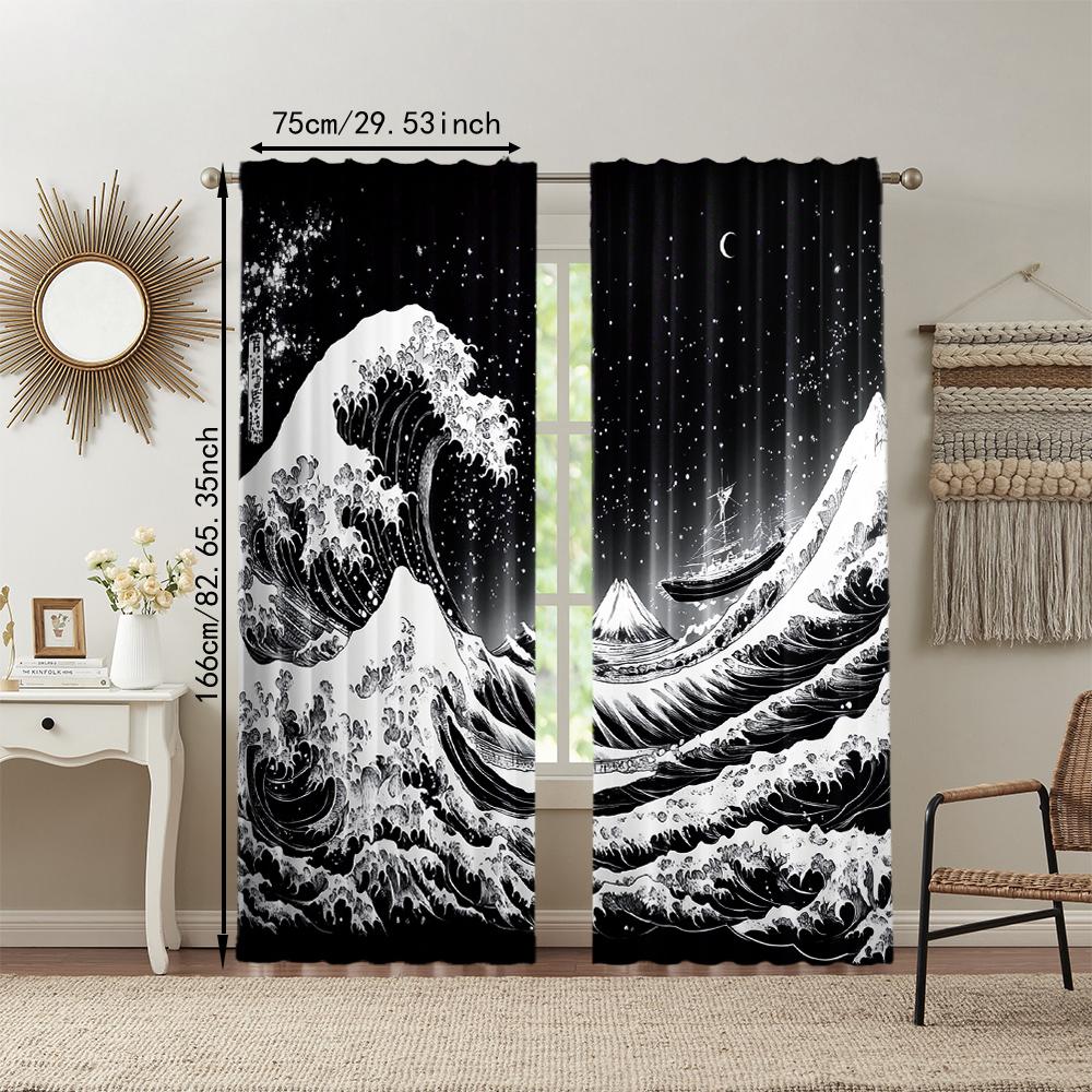 2 Pcs   Versatile Polyester Transparent Curtains for Home Decoration Japanese Wave & Dragon Design for Use In Bedrooms and Living