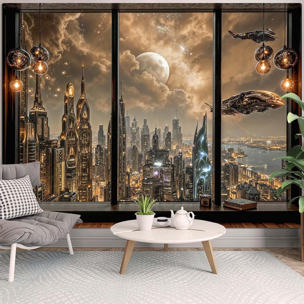 Arazzo Vista Finestra Foresta, Stampa Alberi di Pino Notturni con Luna Piena e Cielo Stellato, Appeso a Parete per Arredamento Natura e Cottagecore