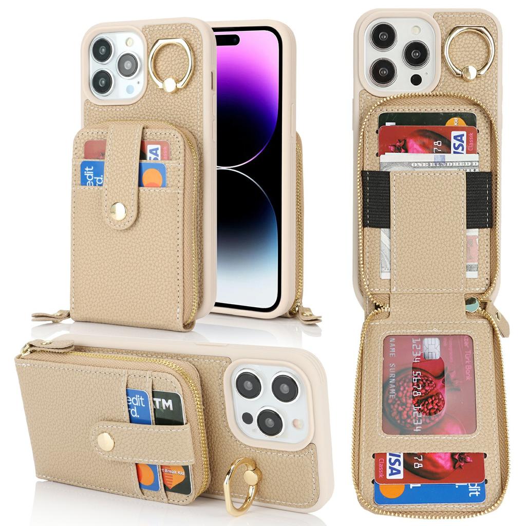 For iPhone 14 Pro Max Case with Zipper Pouch/Ring Kickstand/Strap Litchi Texture PU + TPU Phone Cover