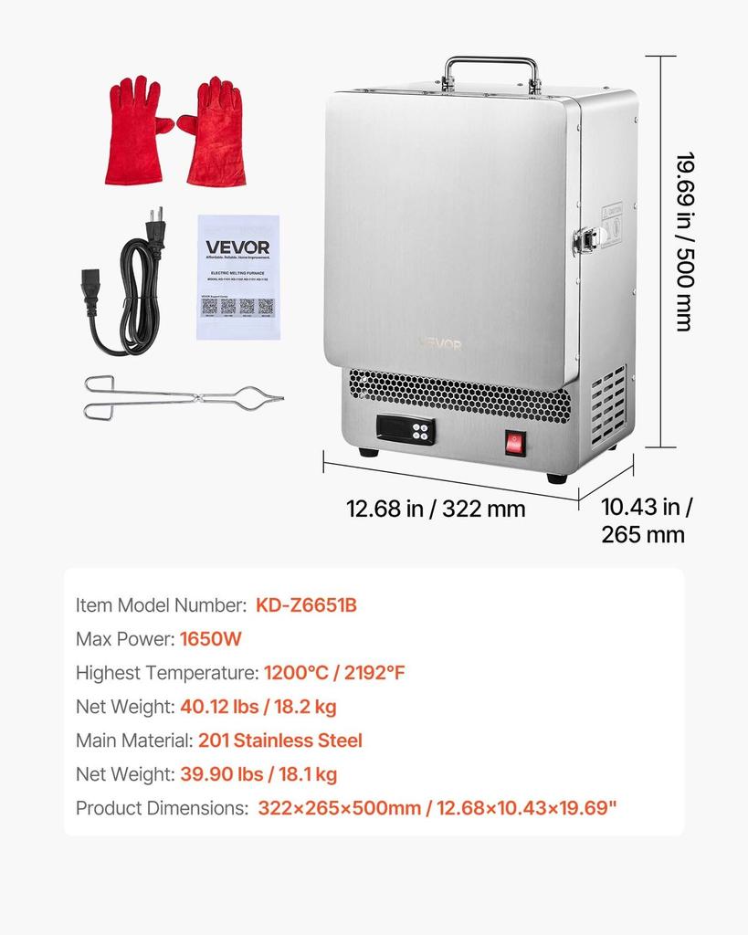 Electric Melting Furnace, 1650W Digital Melting Furnace, Electric Kiln with Max Temperature 2192/1200 for Lost-Wax Casting, Clay DIY, Metal Annealing,