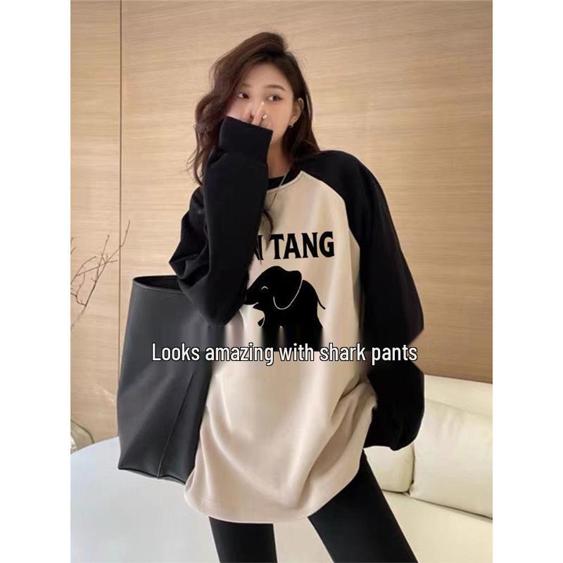 

Women s Korean Style Raglan Long Sleeve T-Shirt with Brushed Velvet Lining and Shark Pants Trend. M (80-105 jin)