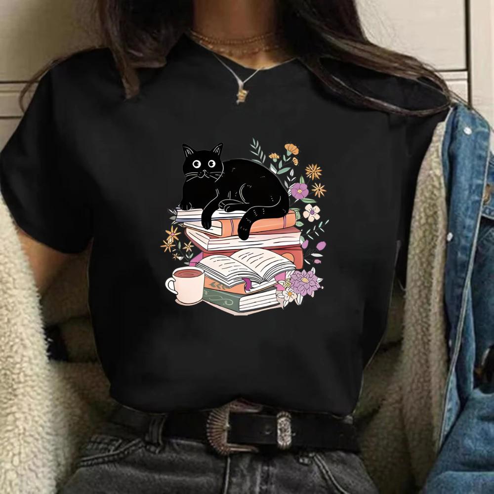 

European American Style Reading Cat Theme Oversized TShirt Black Cat Book Graphic Cotton Tee Street Fashion Casual Top S