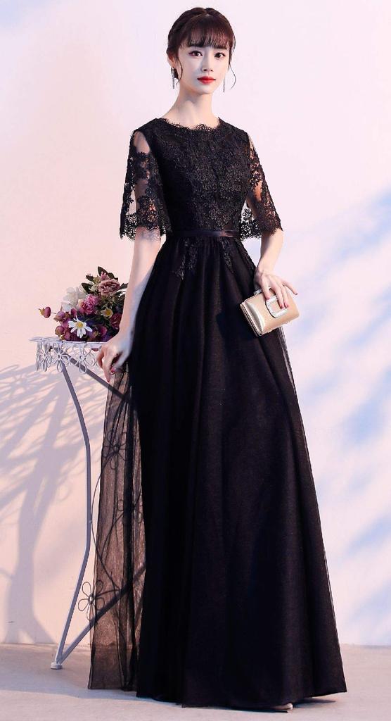 DEEPEYES Long Party Dress with Lace Plus for and Receptions Trim, Size, Weddings, Receptions, Concerts, (Size L, Black)