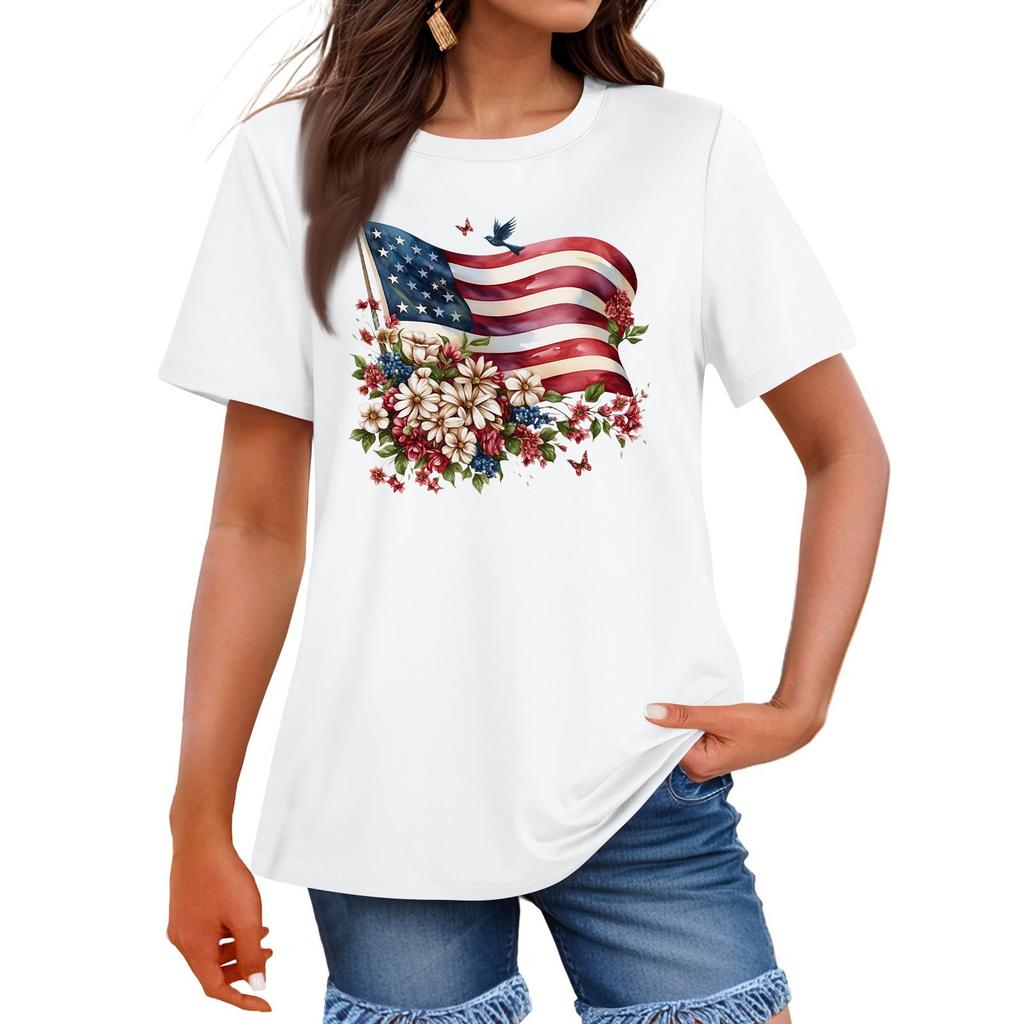 Women's Fashion Independence Day  Printed Round Neck Short Sleeved Casual T-shirt Top