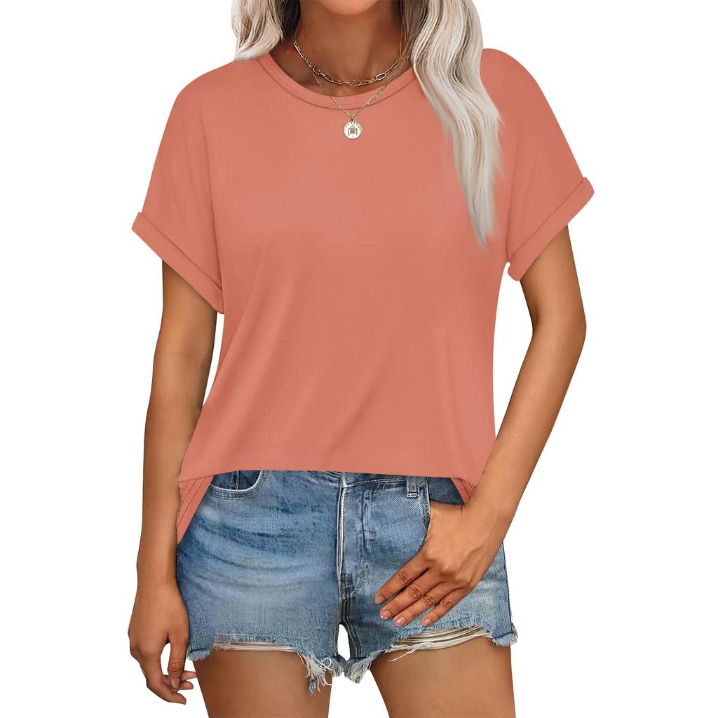 Women's Casual Fashion Round Neck Rolled Hem Short Sleeve Floral Top