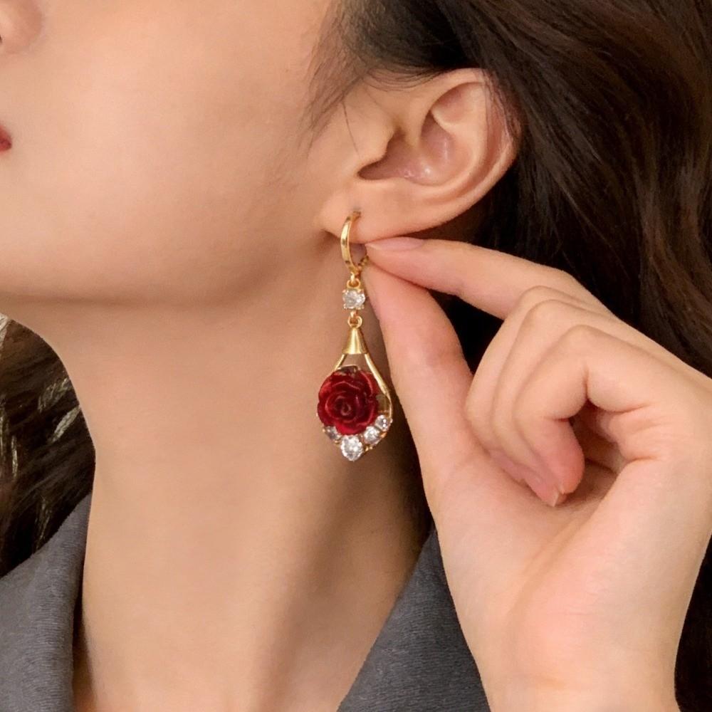Retro-style Red Rose Earrings Fashionable Rose Teardrop Earrings New Rose Rhinestone Earrings