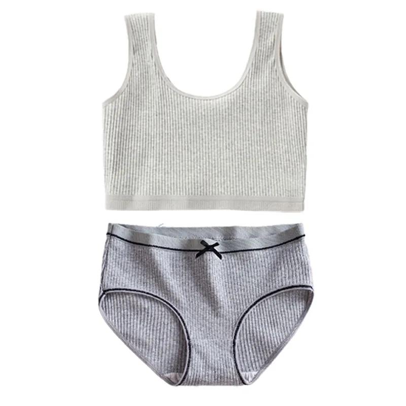 

Хлопковые трусики и бюстгальтеры для девочек-подростков, хлопковый тренировочный бюстгальтер и трусики для девочек-подростков, однотонный детский спортивный бюстгальтер, трусы, нижнее белье one size