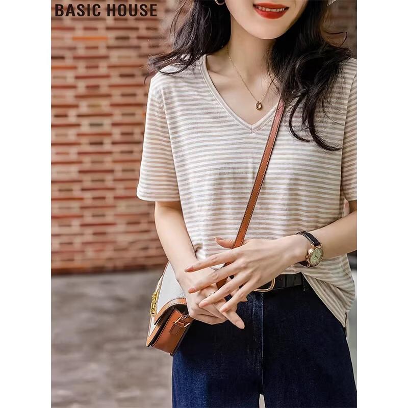 Basic House Women s Striped V-Neck Short Sleeve T-Shirt L