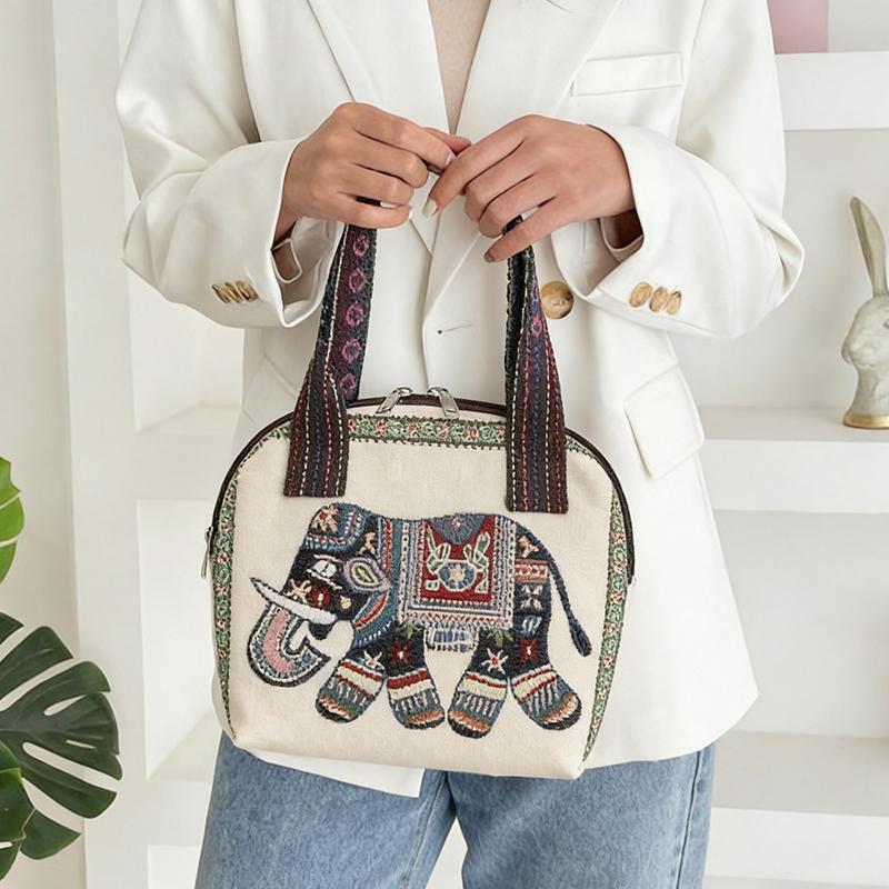 Ethnic Style Handbag Trendy Animal Embroidery Handbag Canvas Women Shoulder Bags Women Grocery Storage Pouch