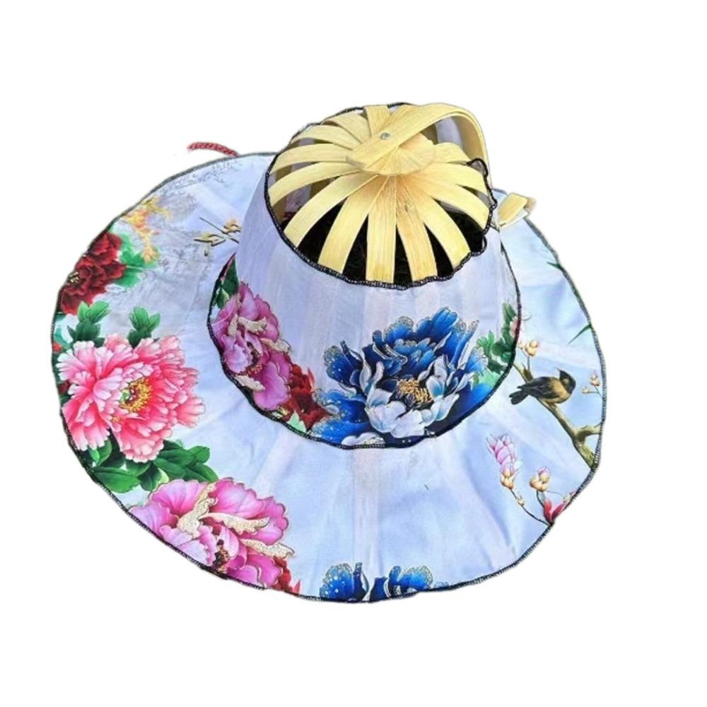 Floral Printed Fan Sun Hats Foldable Bamboo Sunscreen Cap Women Sunhat Folding Fan Hat  for Travel