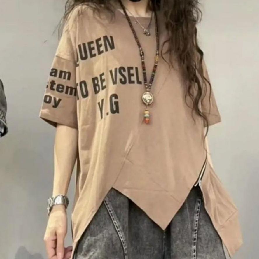 

Летняя мода короткая нерегулярная одежда тонкая свободная футболка на молнии с принтом