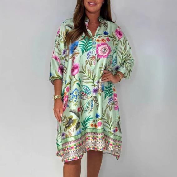 

Женское платье с цветочным принтом, рукавами средней длины и красочной полосатой отделкой подола, повседневное элегантное летнее платье А-силуэта с V-образным вырезом XS зелёный