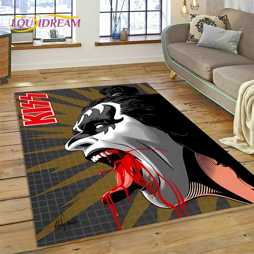 Neuester Kiss Rock Heavy Metal Band Teppich für Wohnzimmer Schlafzimmer Heimdeko, rutschfeste Bodendekoration für Sofa Fußmatte