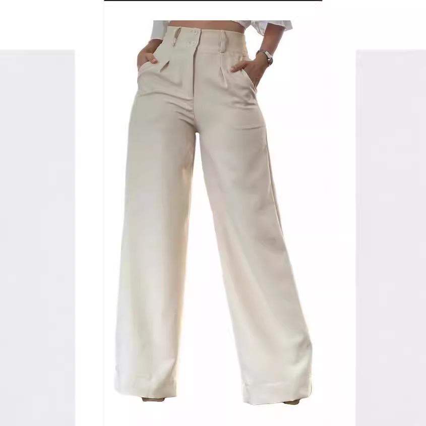 2024 Autumn Women's High Waist Wide-Leg Pants: Drapey, Slimming, Casual 2-Button Trousers