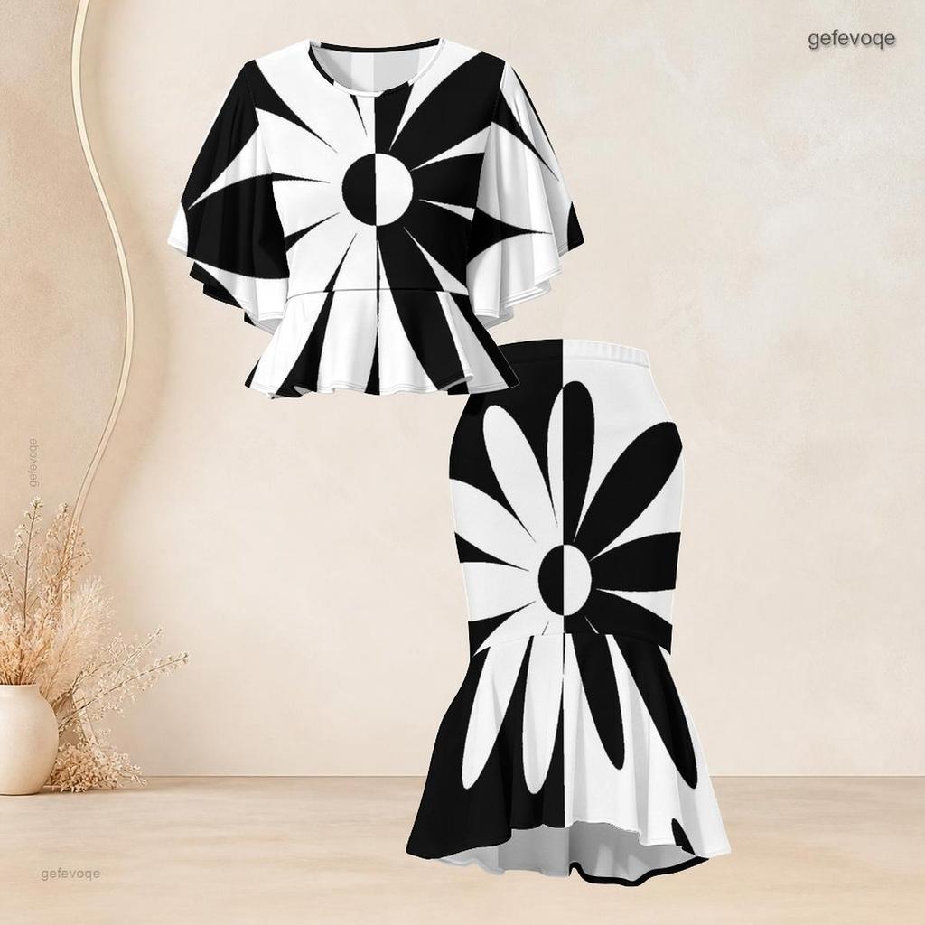 Women Plus Size Two Piece Set Round Neck Batwing Sleeve Black White Printed Ruffle Hem Top Fishtail Skirt