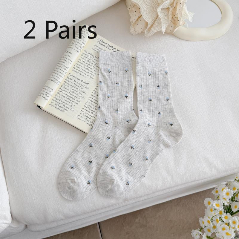 2 Pairs of Thin Mesh Small Floral Country-style Women's Mid-length Cotton Socks with Breathable Layers