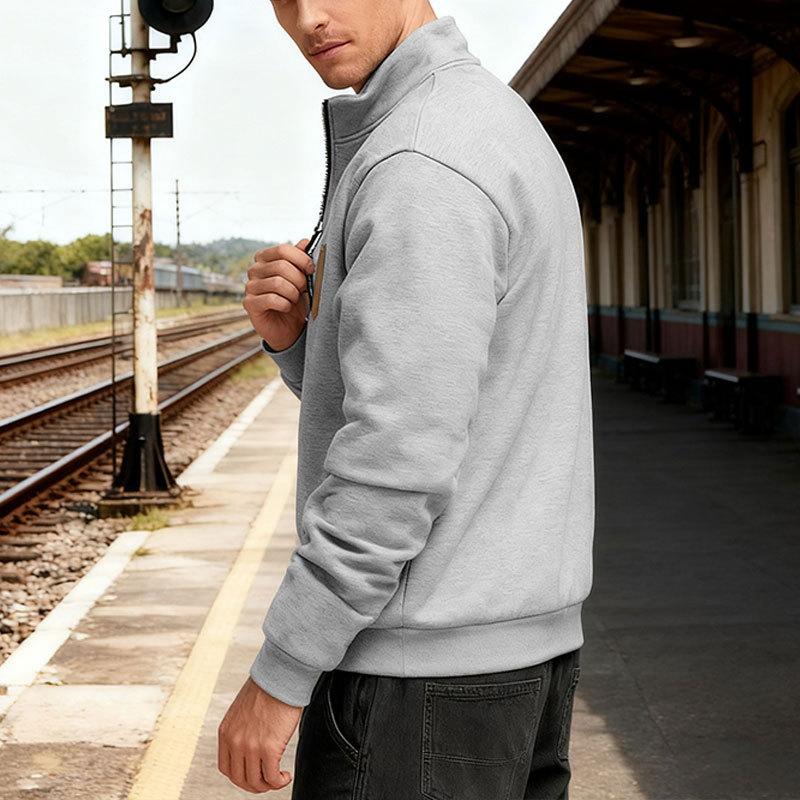 New Autumn/Winter Heavyweight Fleece-Lined Oversized Solid-Colour Patch Pocket Half-Zip Stand-Up Collar Men's Sweatshirt