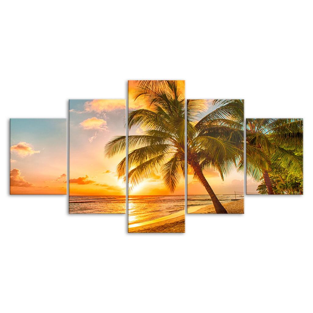 Tropical Beach Paradise Sunset Canvas 5 Piece Five Panel Wall Print Modern Art Poster Picture Home Decor Gift For Him For Her