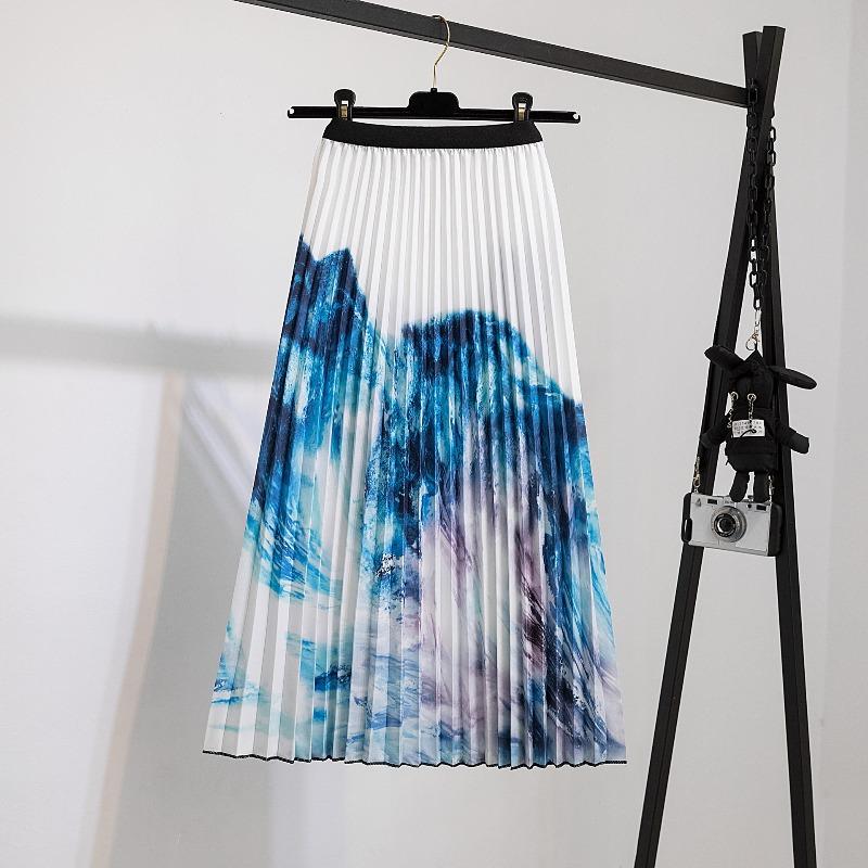 New Supply Digital Printing Pleated Skirt Medium Length Pleated Skirt Elastic Waist