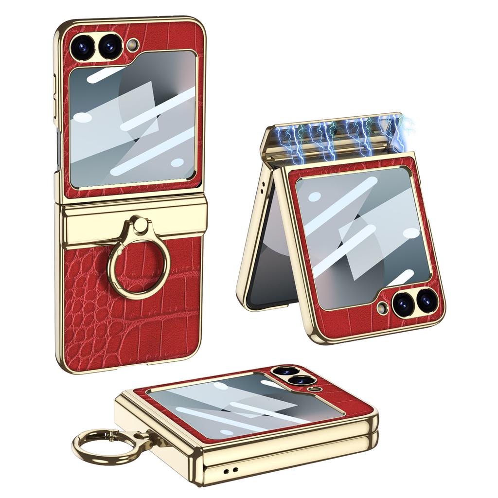 Luxury Plating Leather Case for Samsung Galaxy Z Flip 7 6 Magnetic All-included Hinge Ring Holder Cover for Galaxy Z Flip 5 Case
