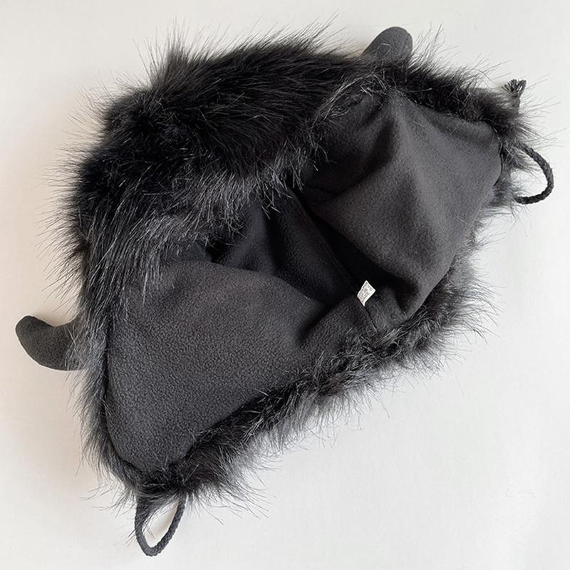 Bison Hat Plush Earflap Hat with Horns Fluffy Ear Headwear for Party Cosplay Props Furry Plush Snow Trapper Hat Winter Warm