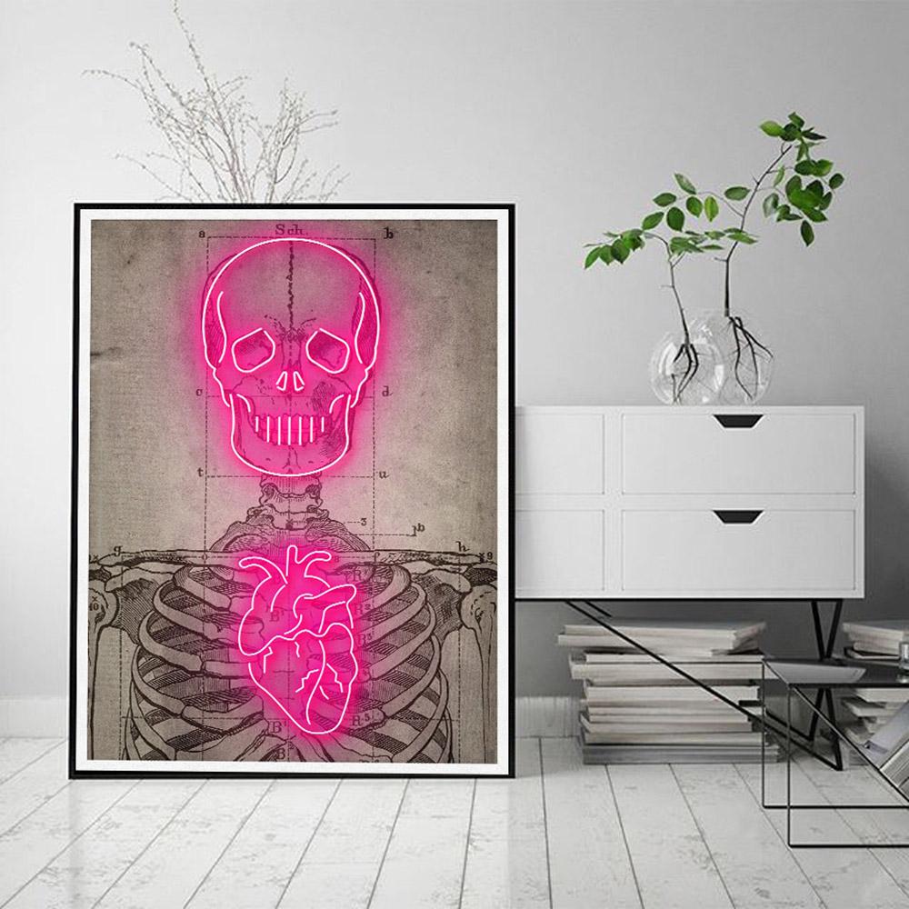 Neon Skeleton Plakát Severský Vintage Obraz Srdce Hlava Nástěnná malba Obrazy Nástěnná malba Pro obývací pokoj Bar Domácí dekorace