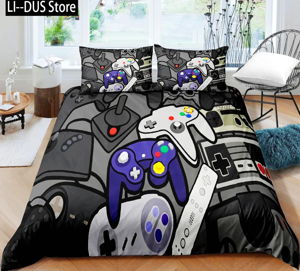 Set de lenjerie de pat pentru gamer pentru dormitor, moale, modern, cu gamepad, cuverturi confortabile pentru copii, husă de plapumă, husă de pilotă cu jocuri video și față de pernă