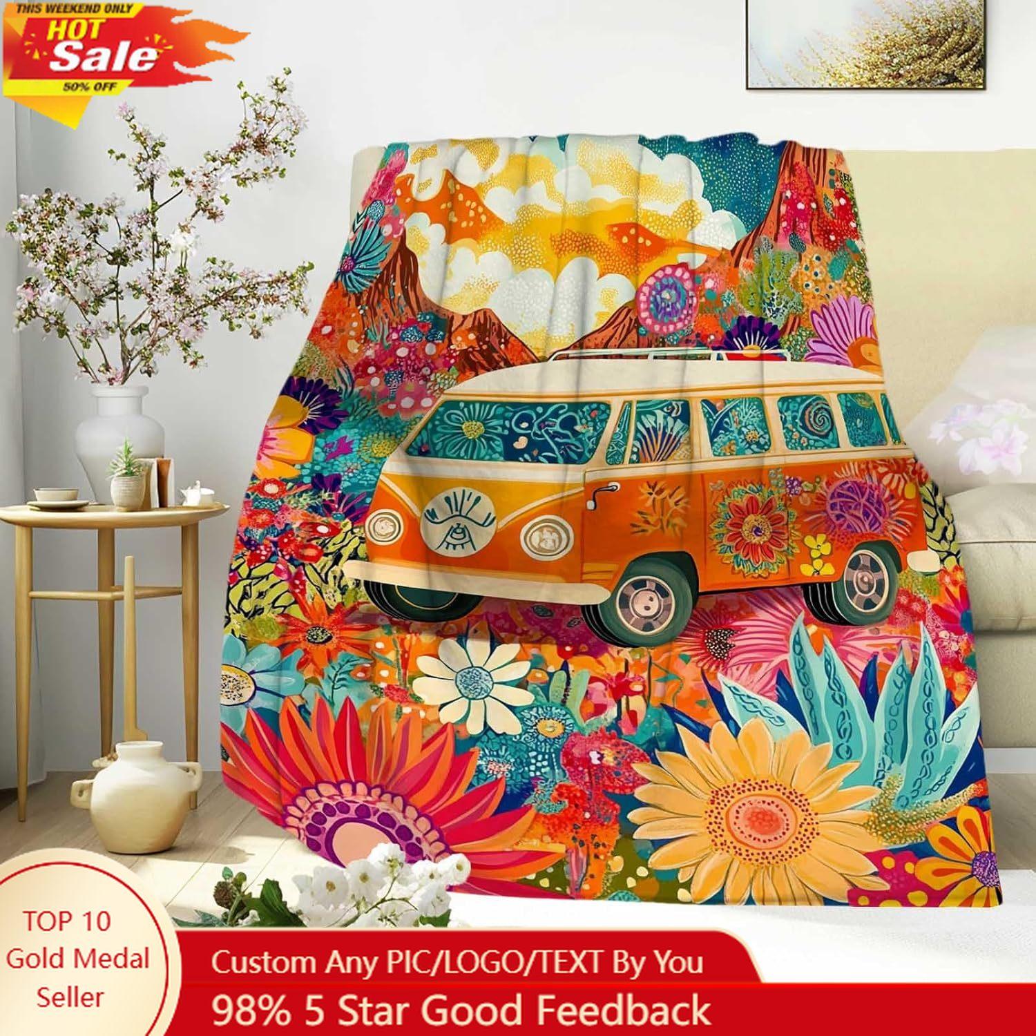 Creative Homewares Unisex Boho Hippie Van Floral Blanket, 1960S Psychedelic Festival Art Throw Colorful Cozy Soft Warm Blanket For Couch Bed Sofa