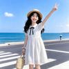 2026 Girls' Lace Patchwork Princess Dress - Short Sleeve Round Neck Summer Skirt for Medium & Large Children