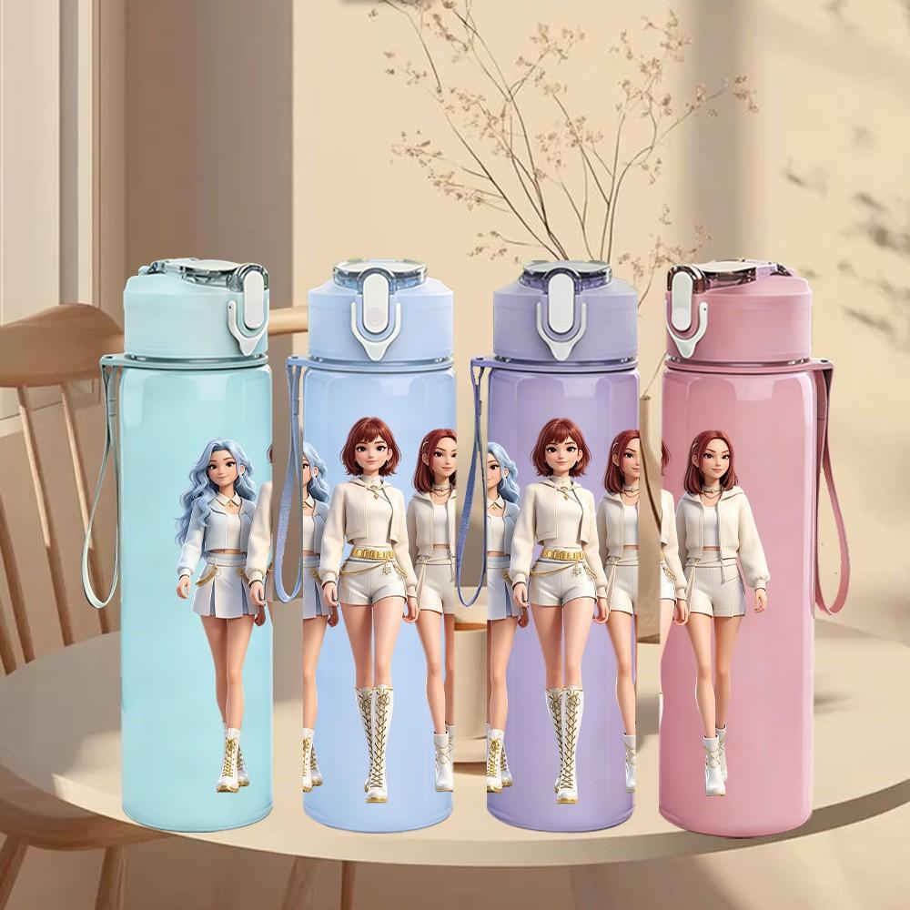 1PC Three Chibi Female Characters 750ml Color Plastic Sports Water Bottle Leakproof Flip Straw Lid For Sports Office Home Use