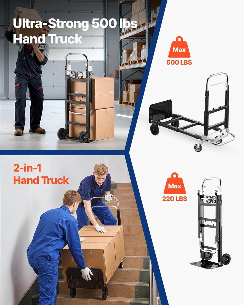 2 in 1 Folding Hand Truck, 226.9 kg Load Capacity for 4-Wheel Mode, Convertible Hand Truck Dolly with Wheels & Adjustable Handle, Portable Trolley